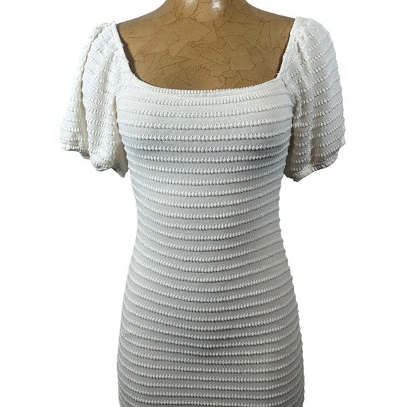Rewind Dresses & Skirts - White Form Fitting Bodycon Textured Puff Sleeve Square Neck Midi Dress Side Slit